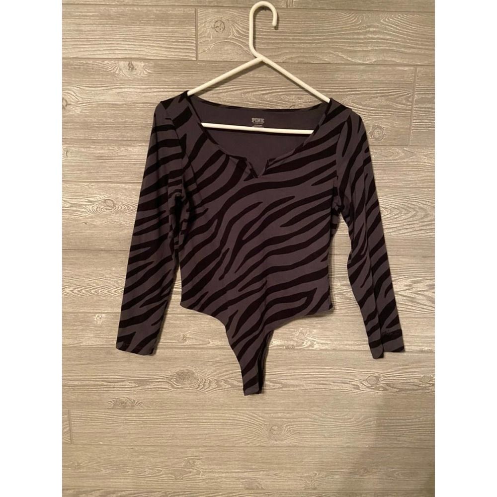 PINK Victoria's Secret Zebra Print Long Sleeve Bodysuit Top Gray Black